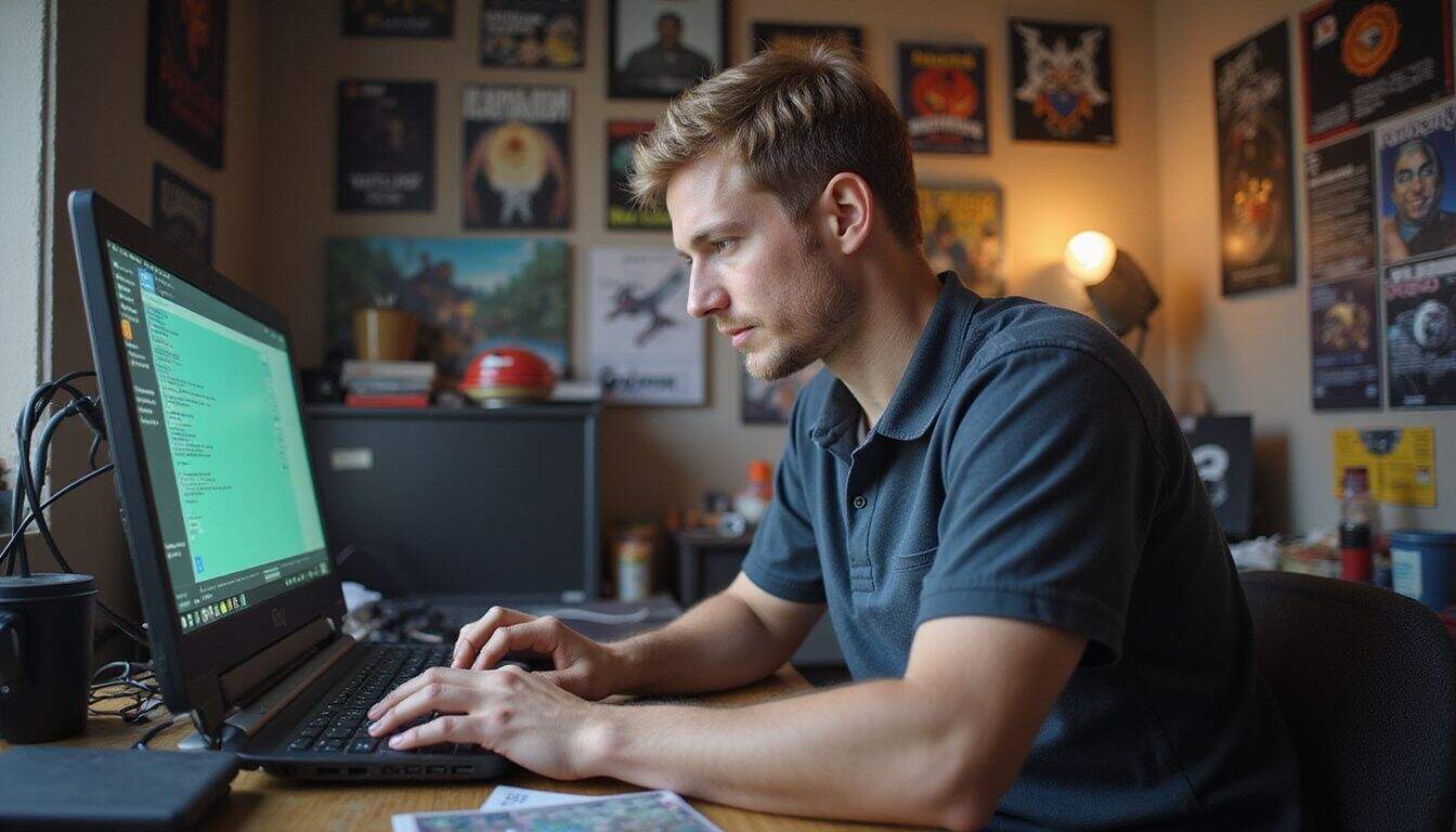 A young man in his 20s is focused on adjusting virtual server settings on his laptop in a cluttered room filled with gaming posters.