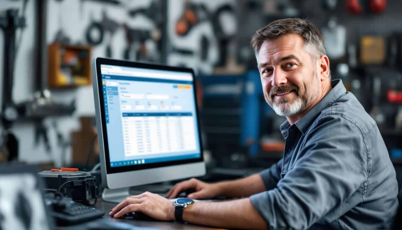 A man at a vehicle repair shop uses fleet maintenance software to track repairs and inventory. A man at a vehicle repair shop uses fleet maintenance software to track repairs and inventory.