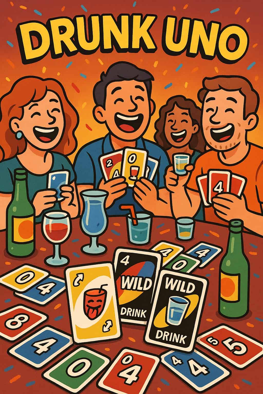Five young adults engrossed in a game of Drunk UNO, surrounded by worn furniture and casual attire. Drunk UNO Rules 1