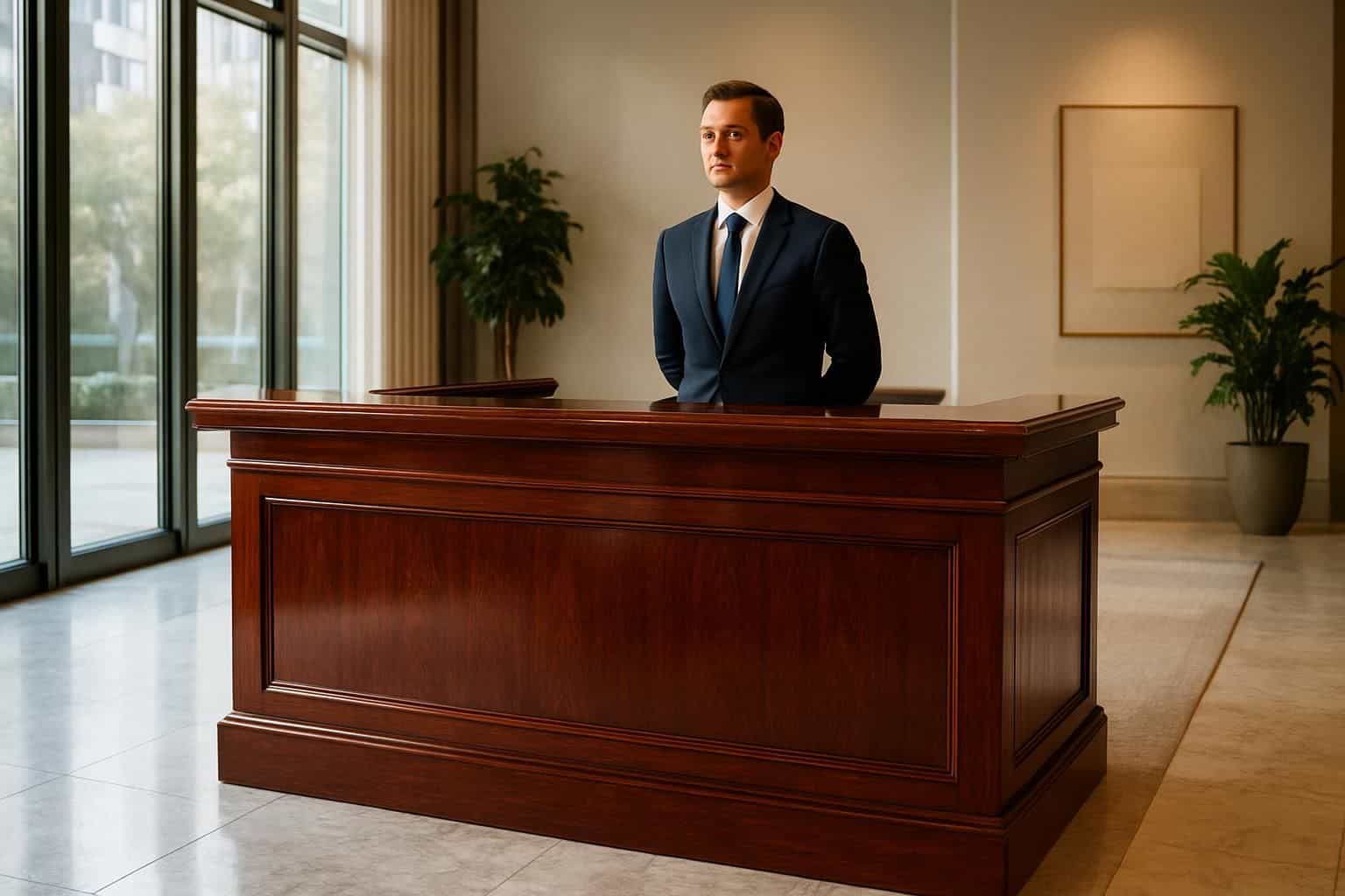 This photo captures a luxurious hotel lobby with a polished concierge desk and attentive staff. This photo captures a luxurious hotel lobby with a polished concierge desk and attentive staff.