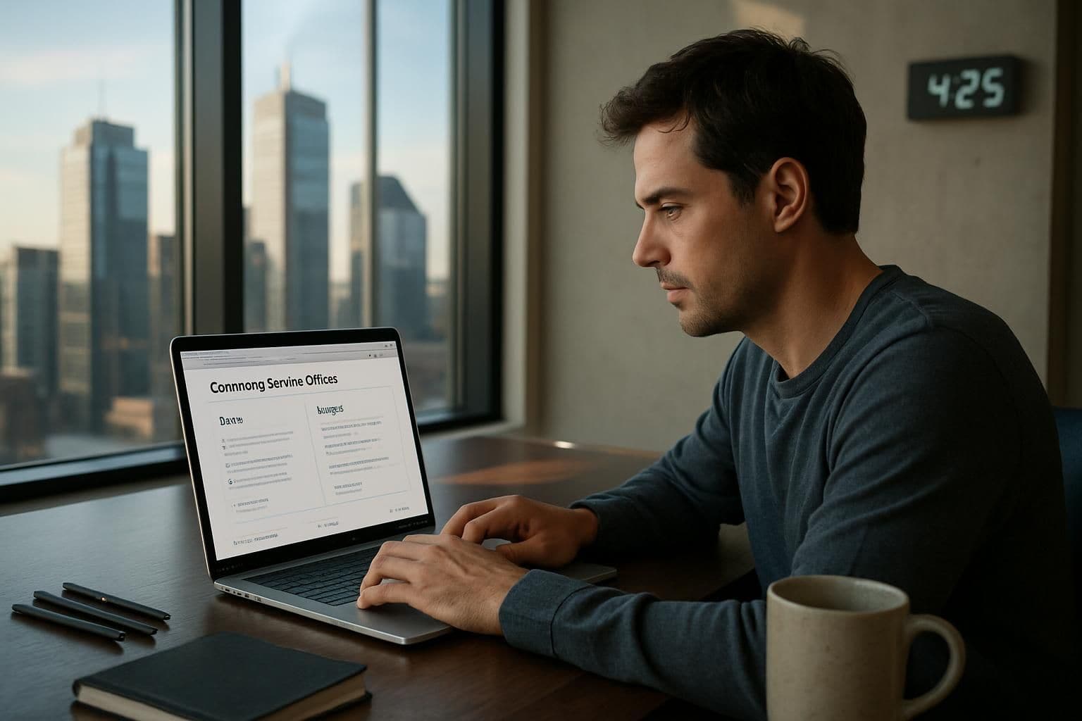A professional working at a sleek desk in a modern office with a city skyline view. A professional working at a sleek desk in a modern office with a city skyline view.