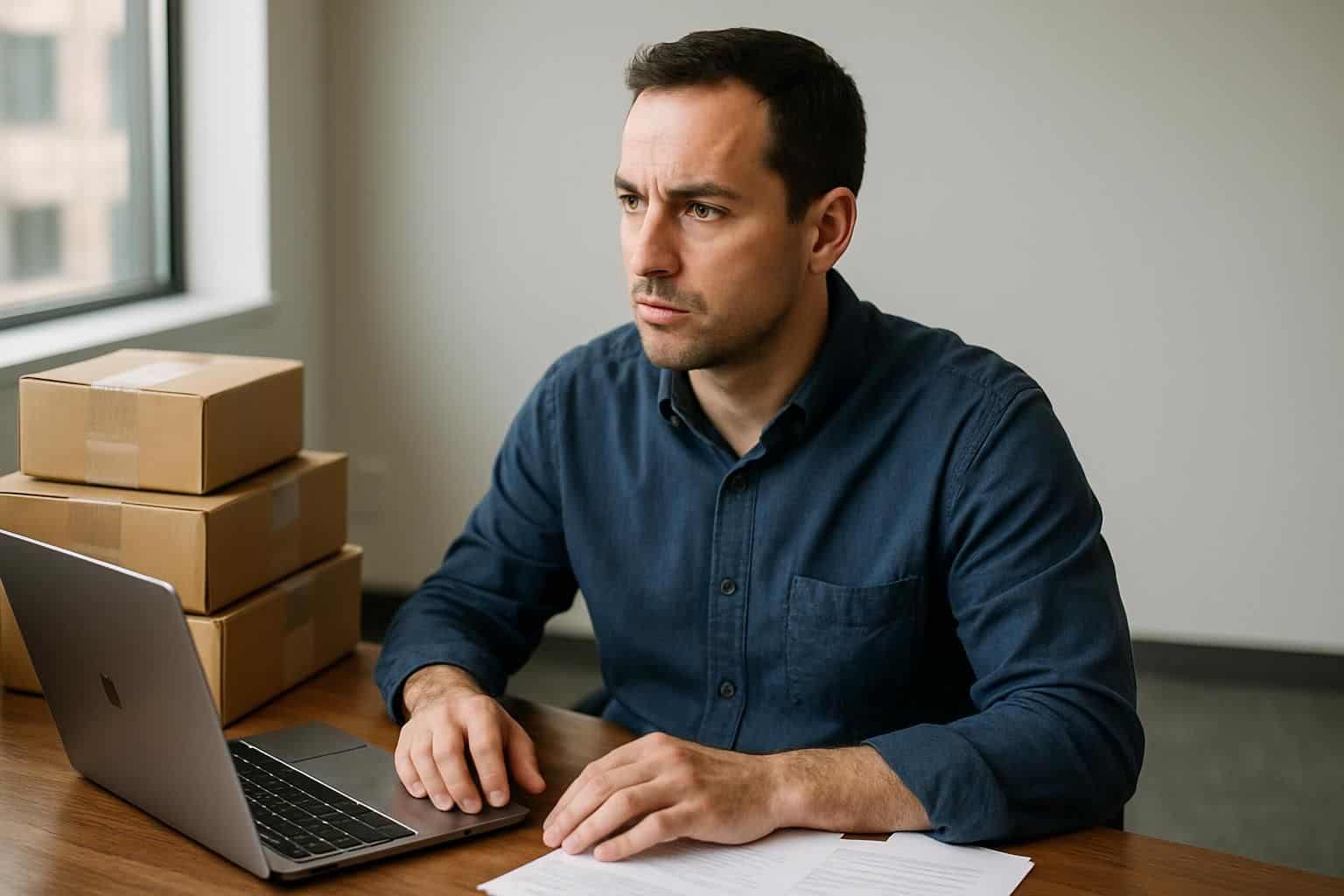 An attentive tech professional sits at a desk in a modern office, surrounded by packages and paperwork. An attentive tech professional sits at a desk in a modern office, surrounded by packages and paperwork.