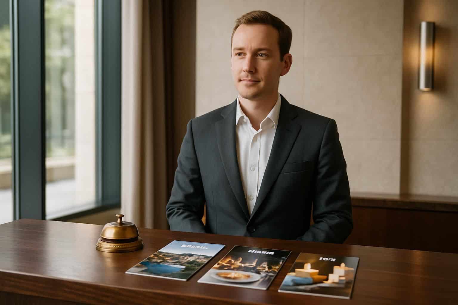 A luxury hotel concierge desk with neatly arranged brochures and a well-dressed concierge. A luxury hotel concierge desk with neatly arranged brochures and a well-dressed concierge.