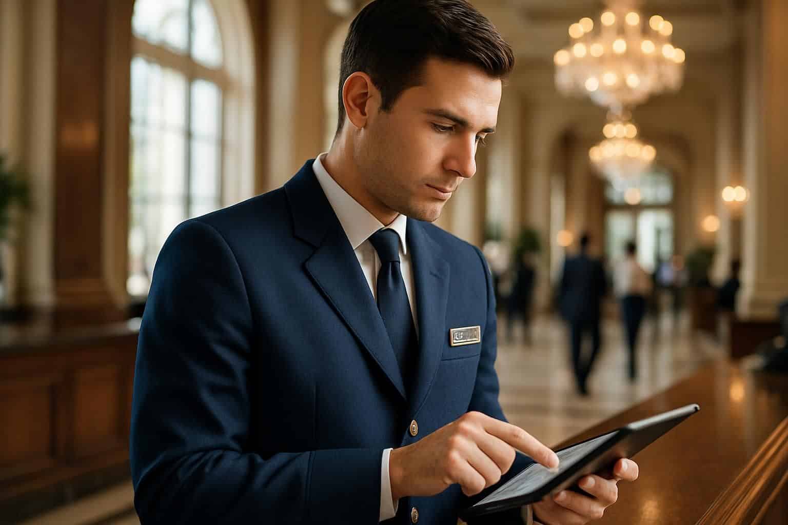 A professional concierge in a navy-blue uniform checks reservations on a sleek tablet in a grand hotel lobby. A professional concierge in a navy-blue uniform checks reservations on a sleek tablet in a grand hotel lobby.