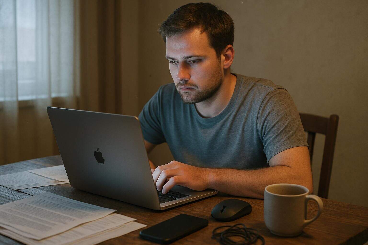 A man in his 30s sits at a cluttered desk, focused on his laptop screen. A man in his 30s sits at a cluttered desk, focused on his laptop screen.