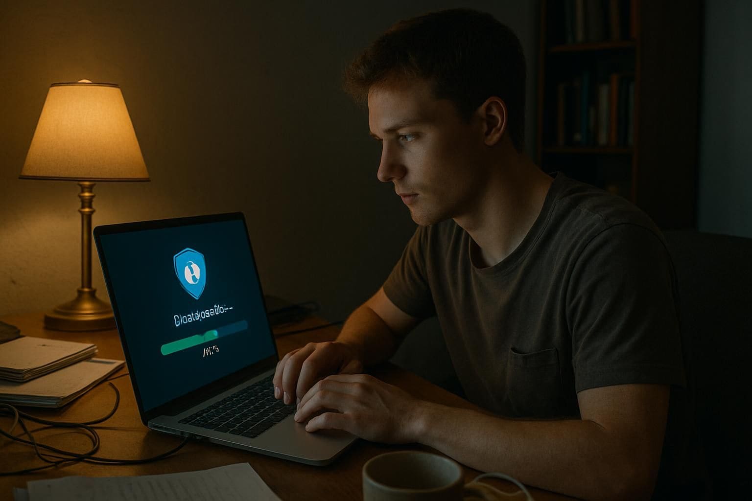A young adult sits at a cluttered desk, focused on a laptop downloading a VPN application. A young adult sits at a cluttered desk, focused on a laptop downloading a VPN application.