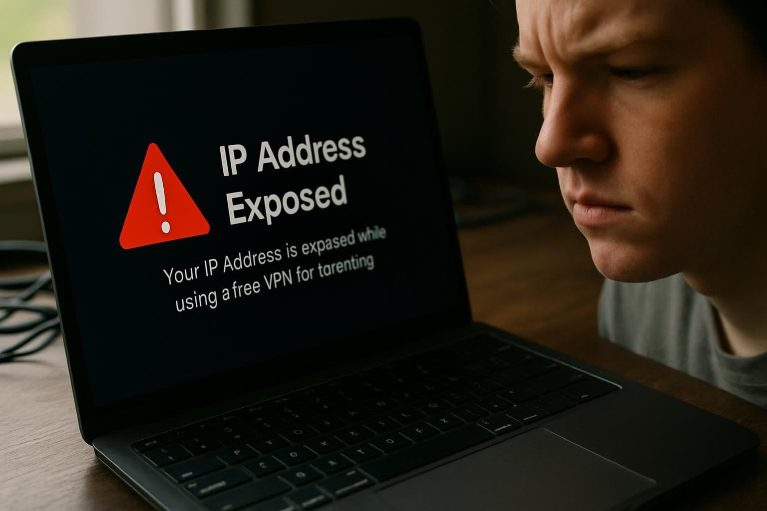 A close-up of a laptop screen displaying a warning about exposed IP address while torrenting. A close-up of a laptop screen displaying a warning about exposed IP address while torrenting.