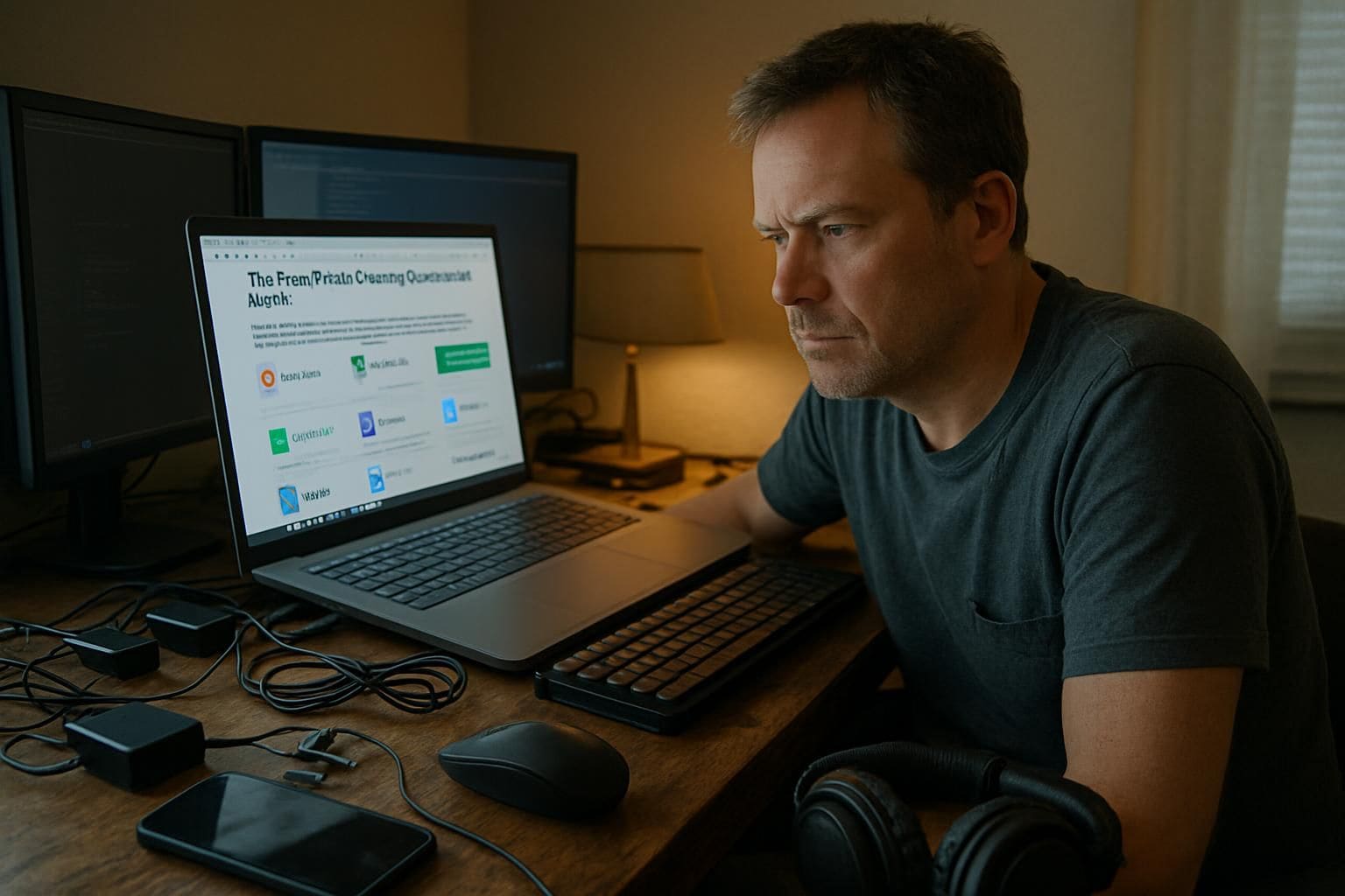 A man sits at a cluttered desk, researching free VPN services for torrenting on multiple computer screens. A man sits at a cluttered desk, researching free VPN services for torrenting on multiple computer screens.