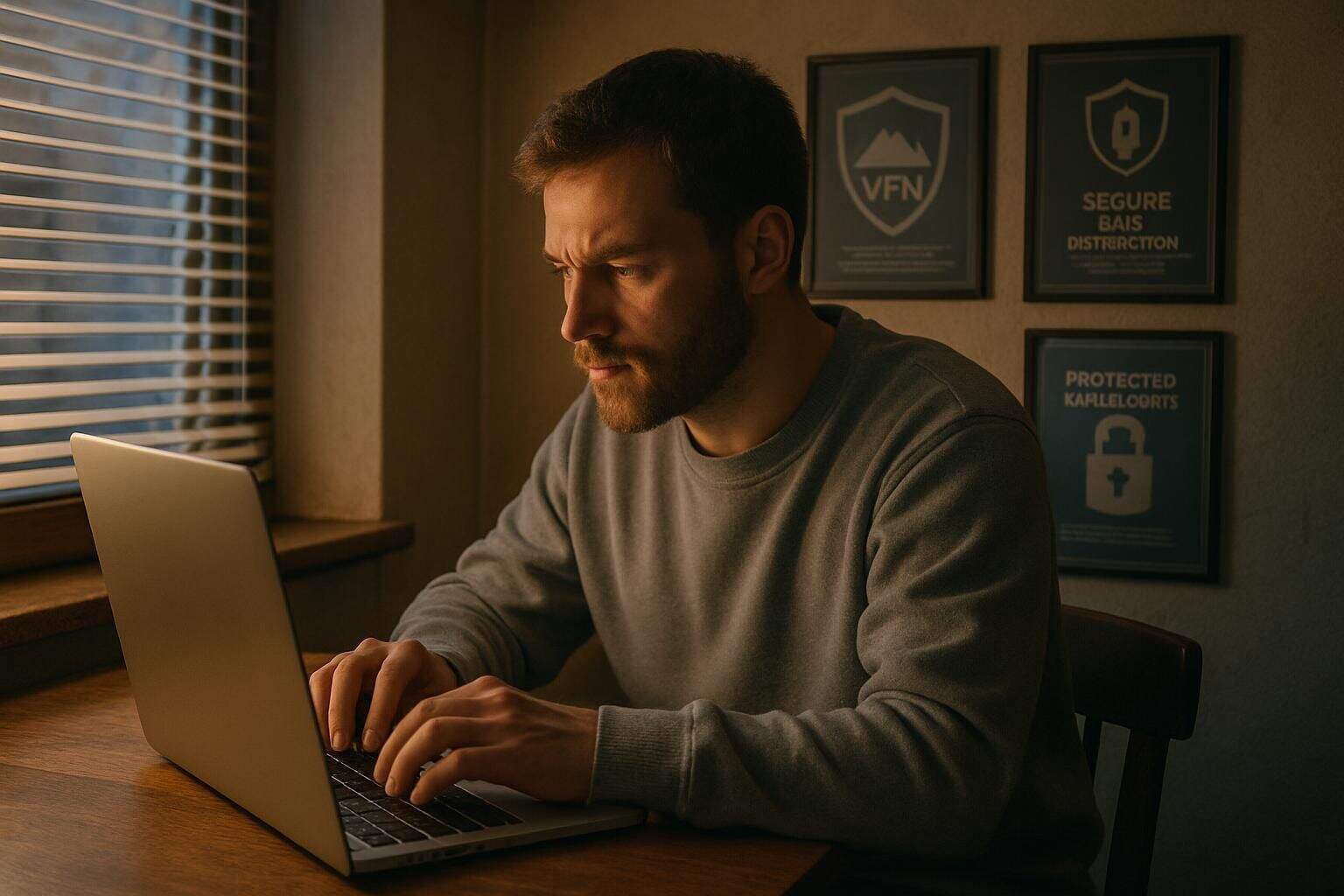 A focused man in his 30s works on a laptop in a dimly lit room adorned with security-themed posters. A focused man in his 30s works on a laptop in a dimly lit room adorned with security-themed posters.