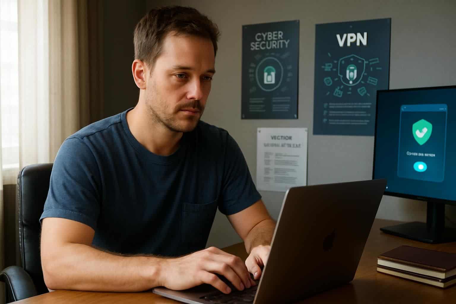 A focused man works on cybersecurity at a tidy, well-lit desk with a laptop and informative posters. A focused man works on cybersecurity at a tidy, well-lit desk with a laptop and informative posters.