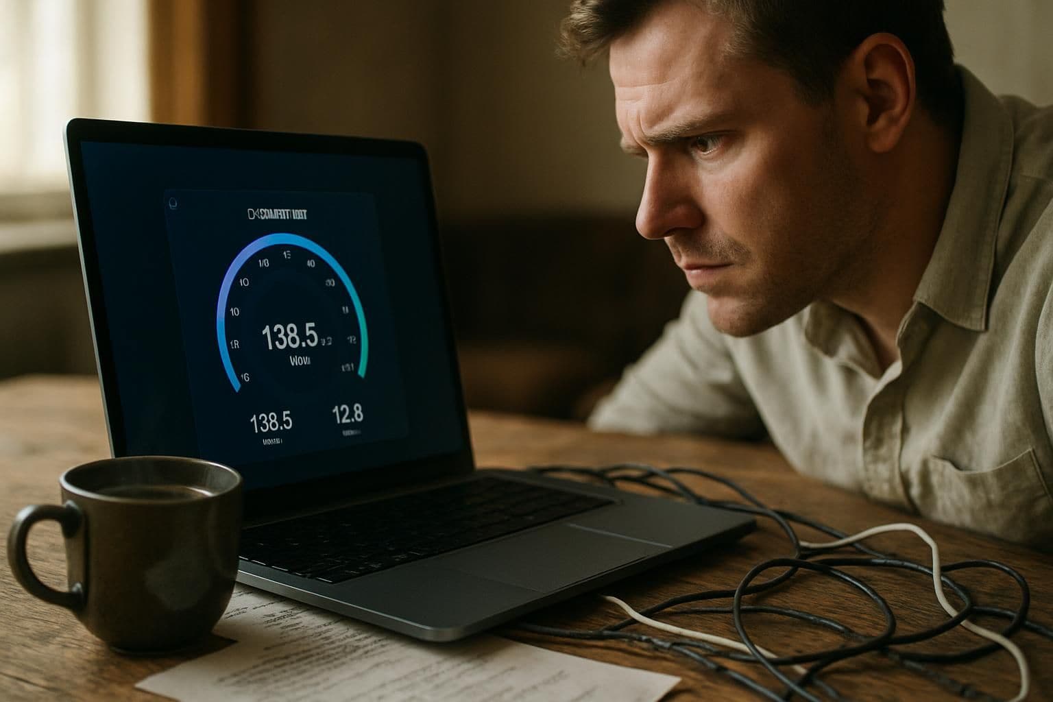 An intense man sits at a cluttered desk, staring at a laptop displaying internet speed test results. An intense man sits at a cluttered desk, staring at a laptop displaying internet speed test results.