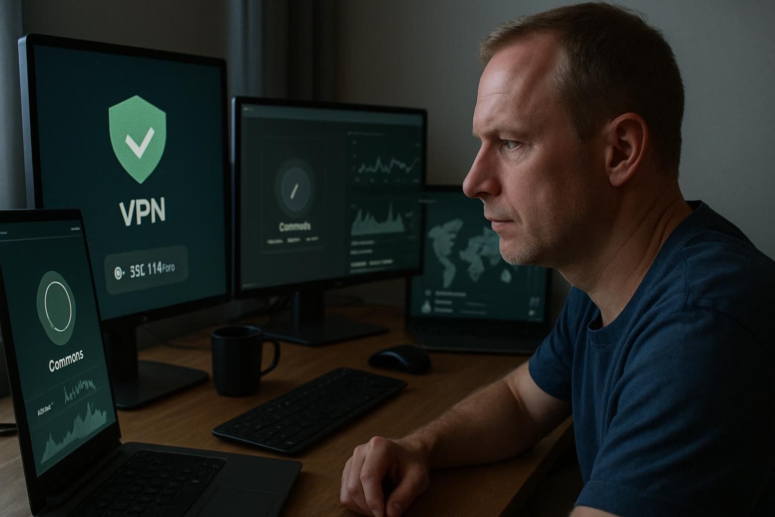 A man works at a desk with multiple computer monitors displaying VPN interfaces. A man works at a desk with multiple computer monitors displaying VPN interfaces.