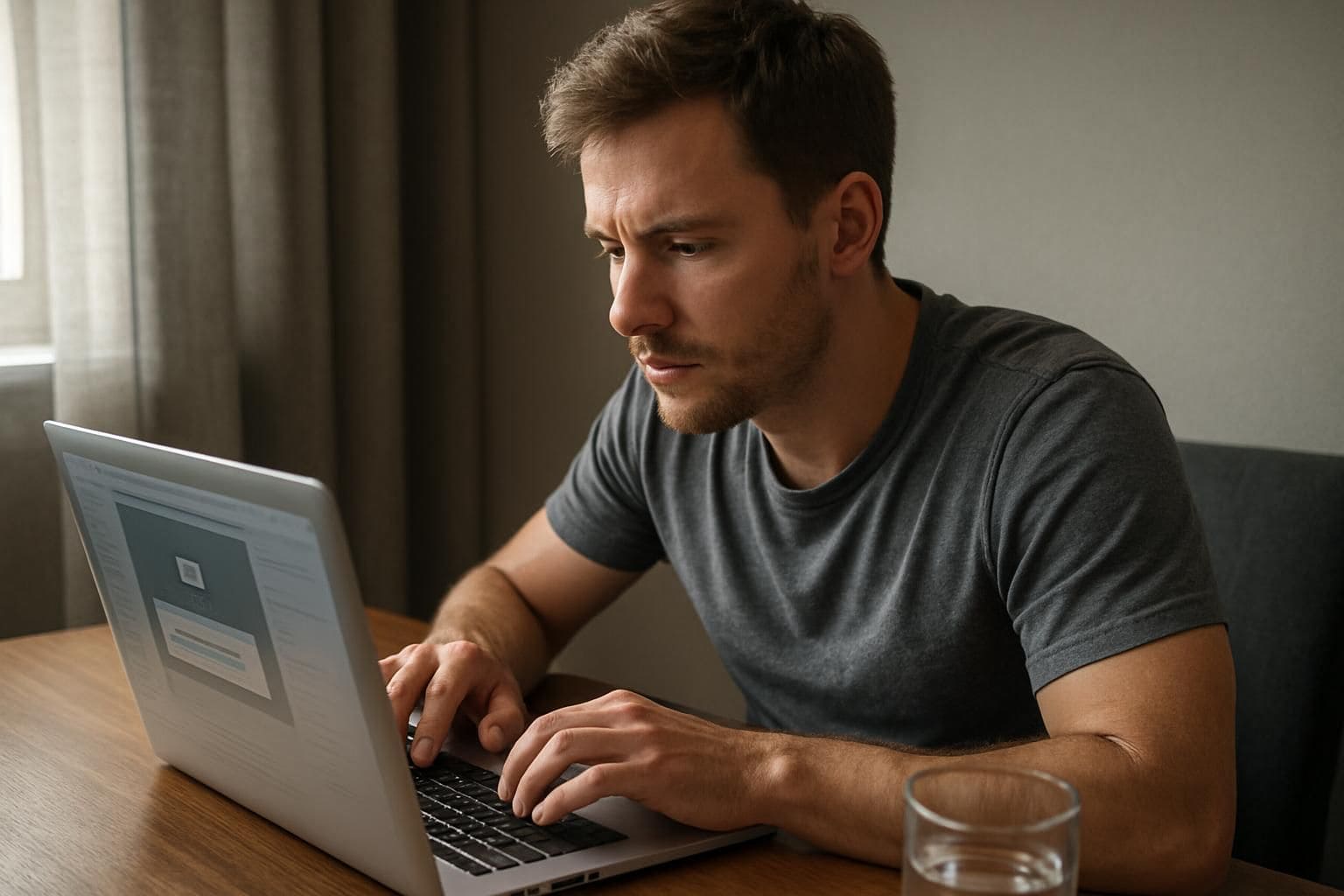 A man in his 30s is seated at a wooden desk working on his laptop in a home office setting. A man in his 30s is seated at a wooden desk working on his laptop in a home office setting.