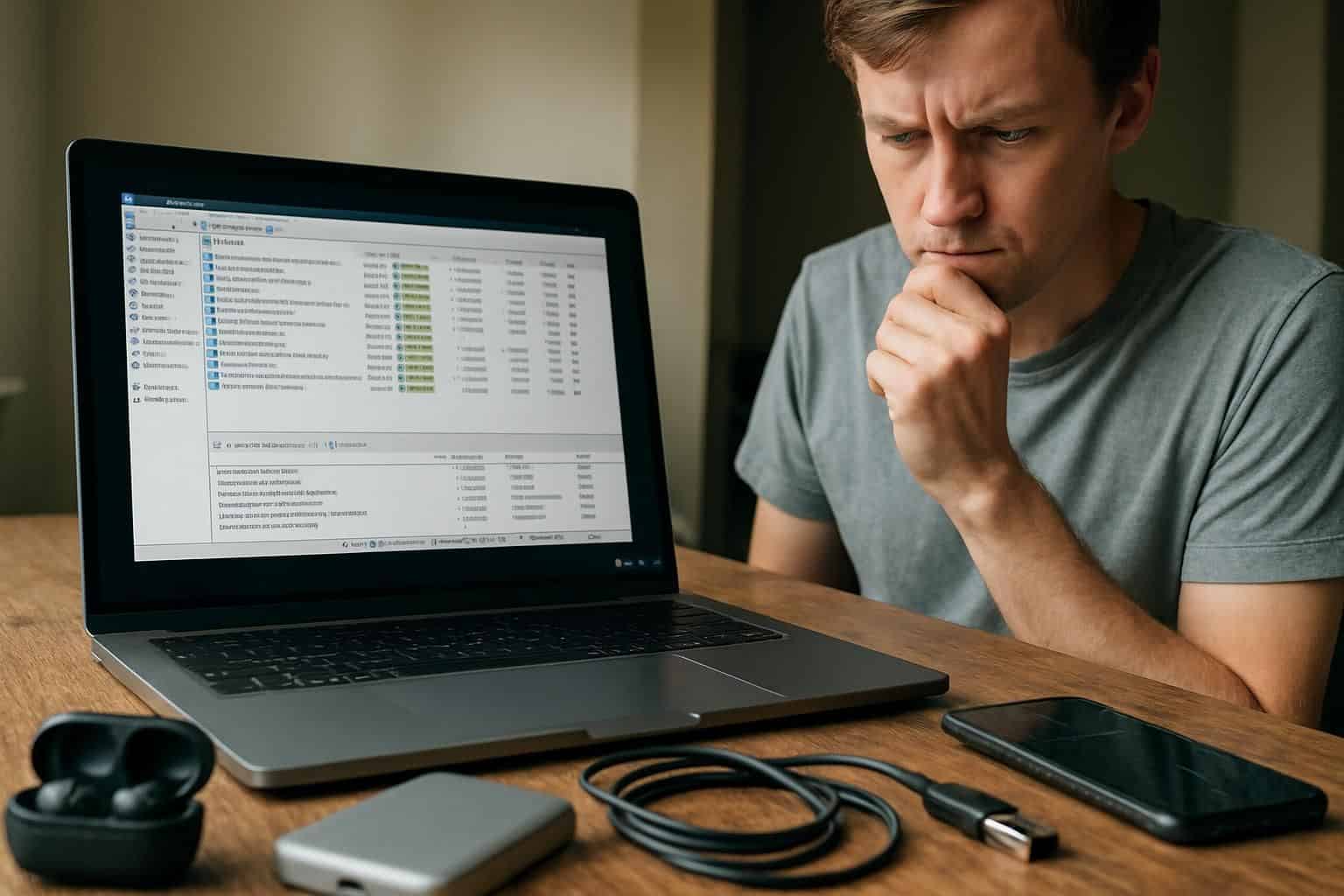 An open laptop displays torrenting software, surrounded by tech gadgets, as a person stands in the background with a focused expression. An open laptop displays torrenting software, surrounded by tech gadgets, as a person stands in the background with a focused expression.