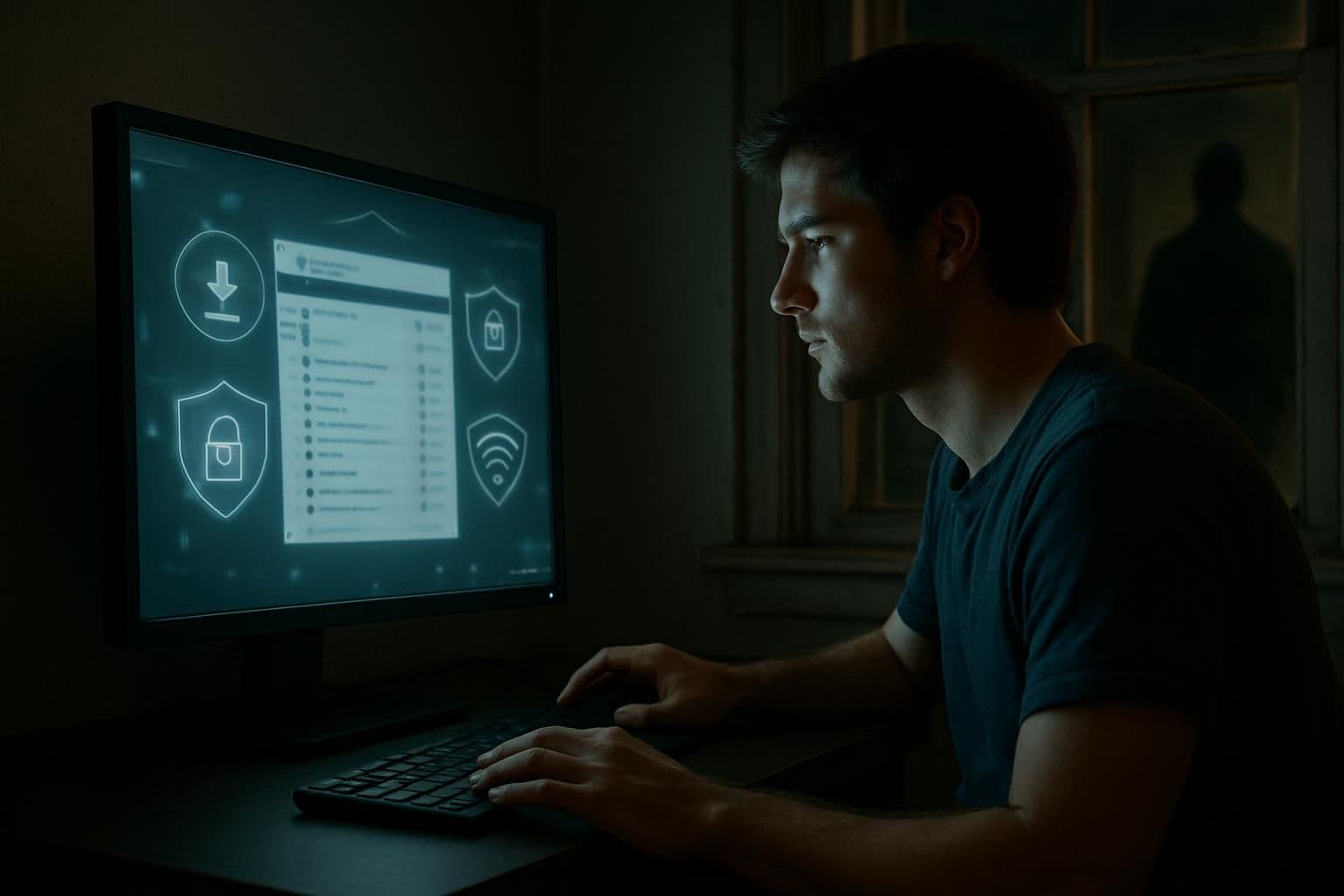 A man sits at a computer with a dimly lit room, browsing a torrenting webpage. A man sits at a computer with a dimly lit room, browsing a torrenting webpage.