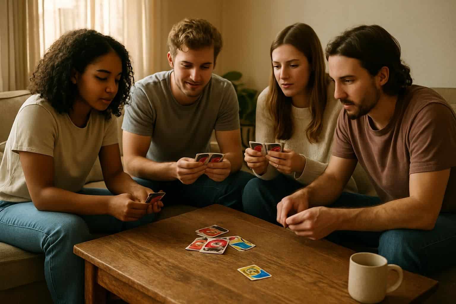Four friends enjoying a casual game of Uno in a warmly lit living room. Four friends enjoying a casual game of Uno in a warmly lit living room.