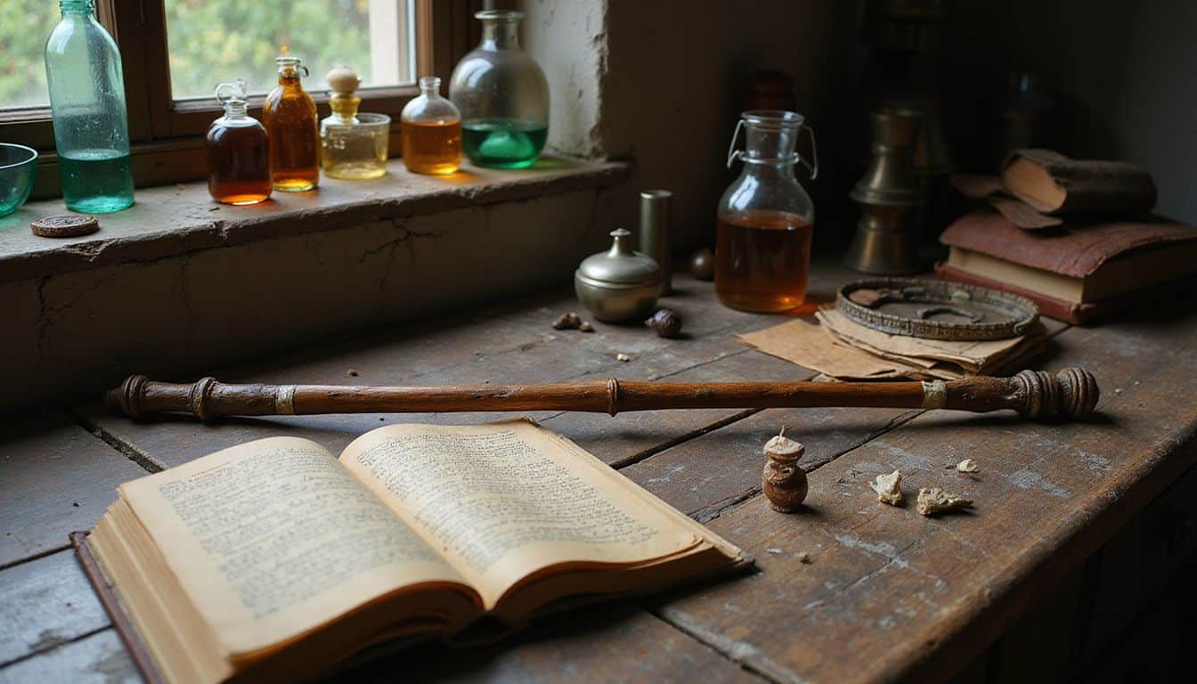 A wooden staff, spellbooks, glass bottles, and artifacts clutter a worn oak table in a dimly lit room. A wooden staff, spellbooks, glass bottles, and artifacts clutter a worn oak table in a dimly lit room.