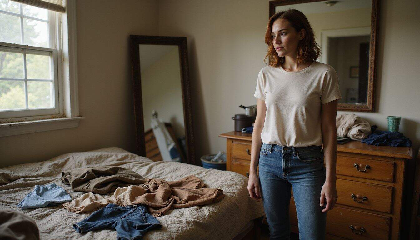 A young woman is standing in a cluttered bedroom, examining costume pieces and contemplating her creative process. A young woman is standing in a cluttered bedroom, examining costume pieces and contemplating her creative process.
