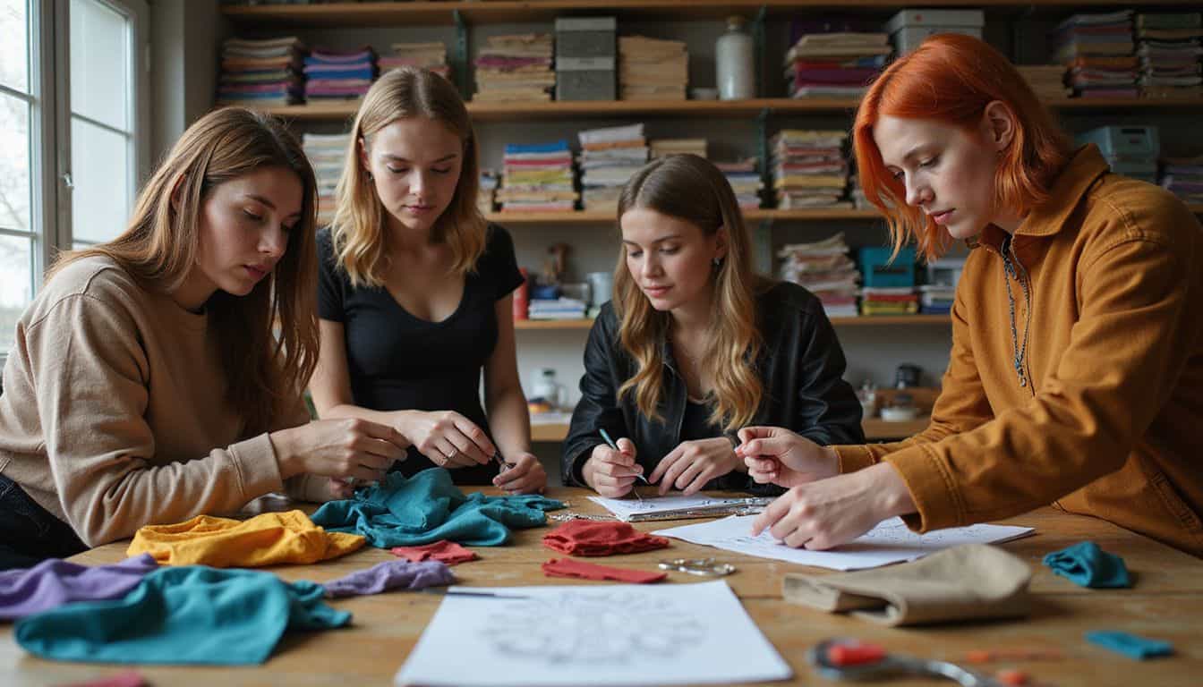 A group of cosplayers work together at a table on costume designs. A group of cosplayers work together at a table on costume designs.