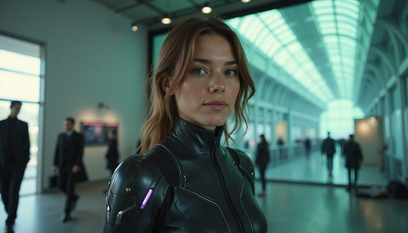 A woman in her 30s wearing a high-tech cosplay suit with LED elements. A woman in her 30s wearing a high-tech cosplay suit with LED elements.