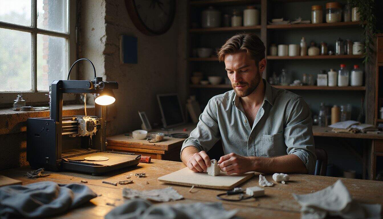 A man in his mid-20s working on a 3D printed prop in a cluttered workshop. A man in his mid-20s working on a 3D printed prop in a cluttered workshop.