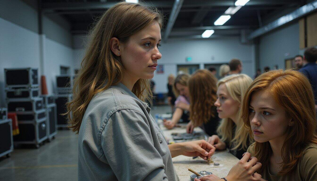A young woman observes experienced cosplayers crafting intricate wigs and props at a convention. A young woman observes experienced cosplayers crafting intricate wigs and props at a convention.