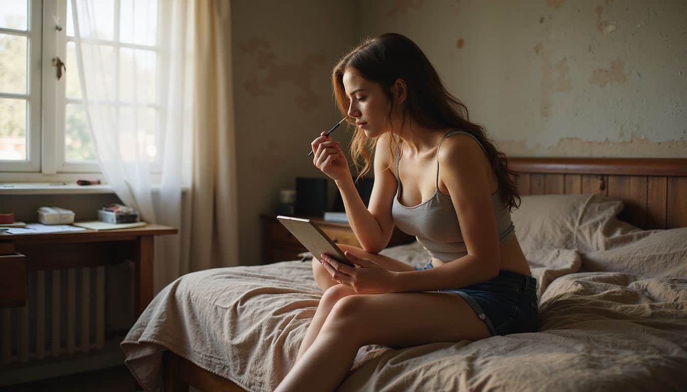 A young woman sits on a bed applying detailed anime-inspired eyeliner with focused concentration in a cluttered bedroom. A young woman sits on a bed applying detailed anime-inspired eyeliner with focused concentration in a cluttered bedroom.