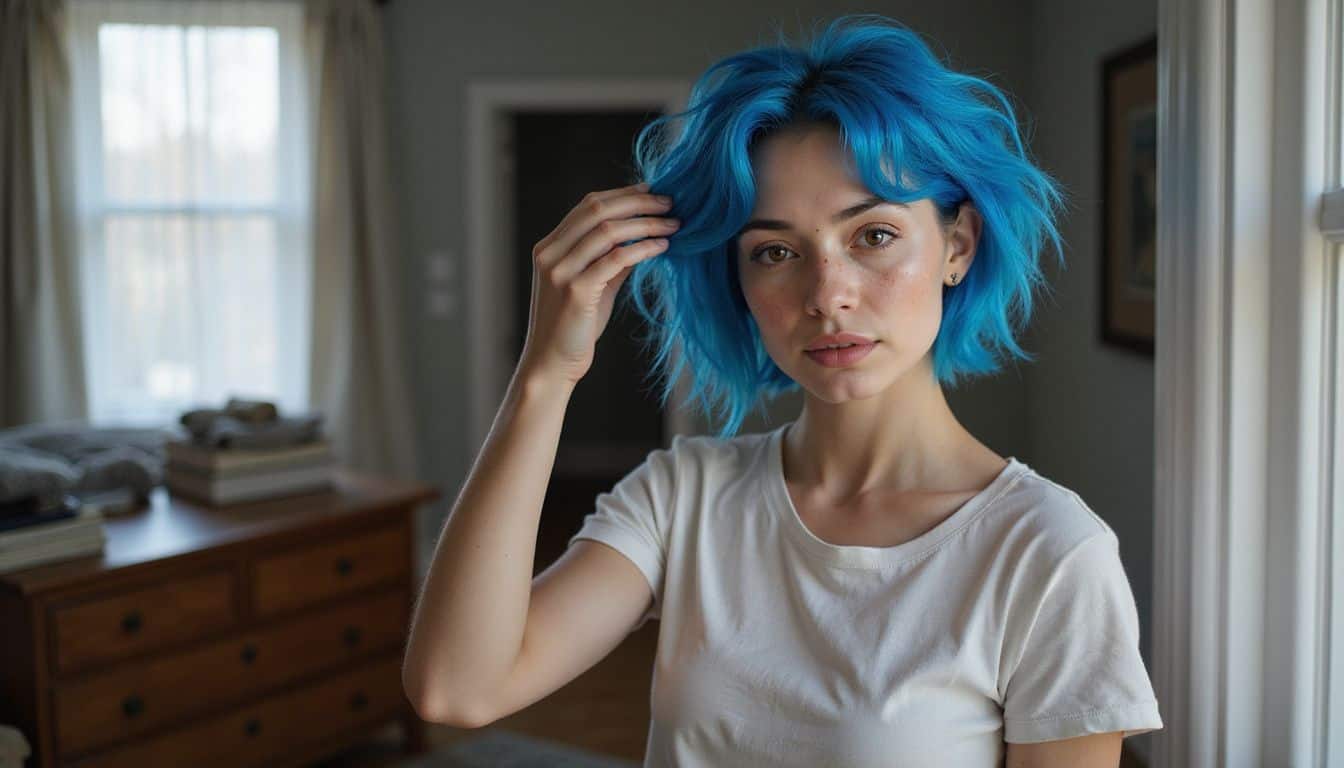 A young woman is adjusting a vivid blue wig in front of a bedroom mirror. A young woman is adjusting a vivid blue wig in front of a bedroom mirror.