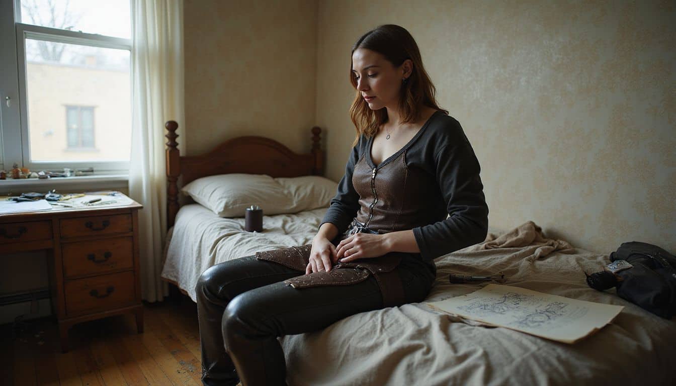 A young woman works on an intricately crafted cosplay costume in her cluttered bedroom. A young woman works on an intricately crafted cosplay costume in her cluttered bedroom.