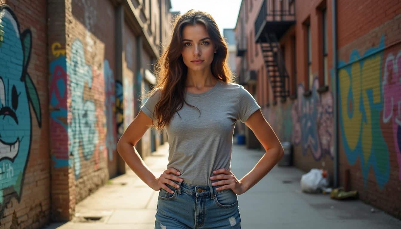 A confident young woman stands in a graffiti-covered urban alley, exuding quiet determination and ease. A confident young woman stands in a graffiti-covered urban alley, exuding quiet determination and ease.