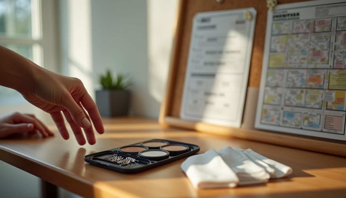 A neatly organized convention emergency kit with essentials laid out on a wooden table. A neatly organized convention emergency kit with essentials laid out on a wooden table.