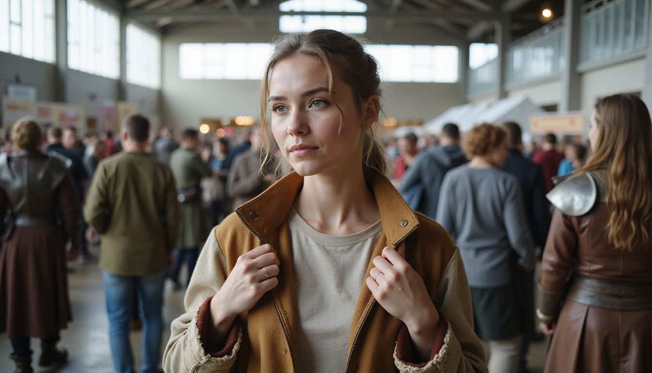 A young woman in a well-crafted cosplay jacket adjusts her collar in a bustling convention hall. A young woman in a well-crafted cosplay jacket adjusts her collar in a bustling convention hall.