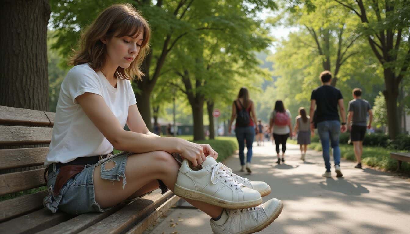 A woman in her 20s changes into white sneakers at a cosplay event in a park. A woman in her 20s changes into white sneakers at a cosplay event in a park.