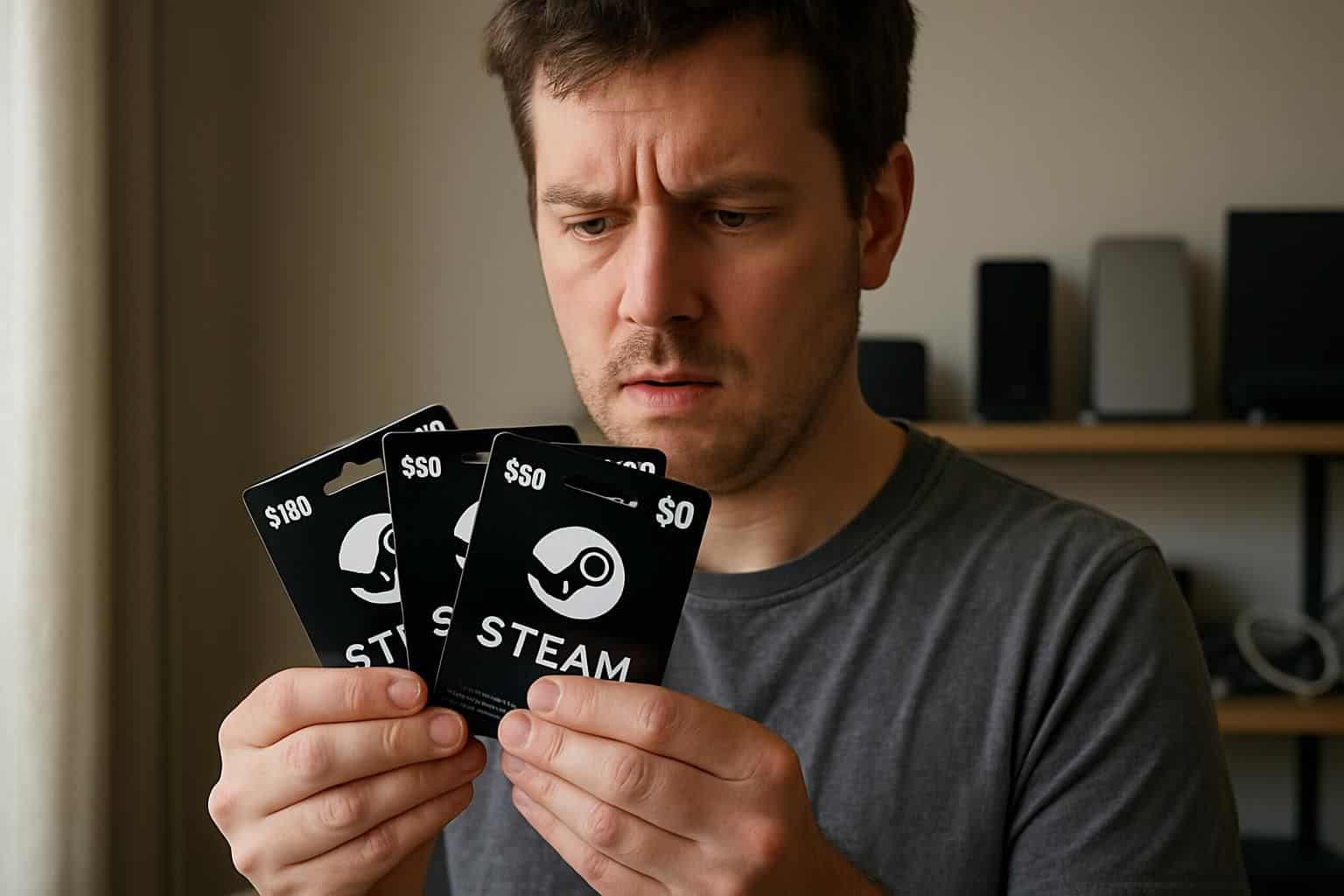 A man in his 30s stands puzzled with a stack of Steam gift cards. A man in his 30s stands puzzled with a stack of Steam gift cards.