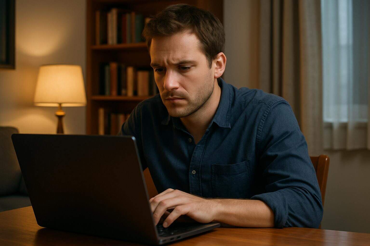 A man is focused on resolving an issue with a laptop in a cozy living room. A man is focused on resolving an issue with a laptop in a cozy living room.