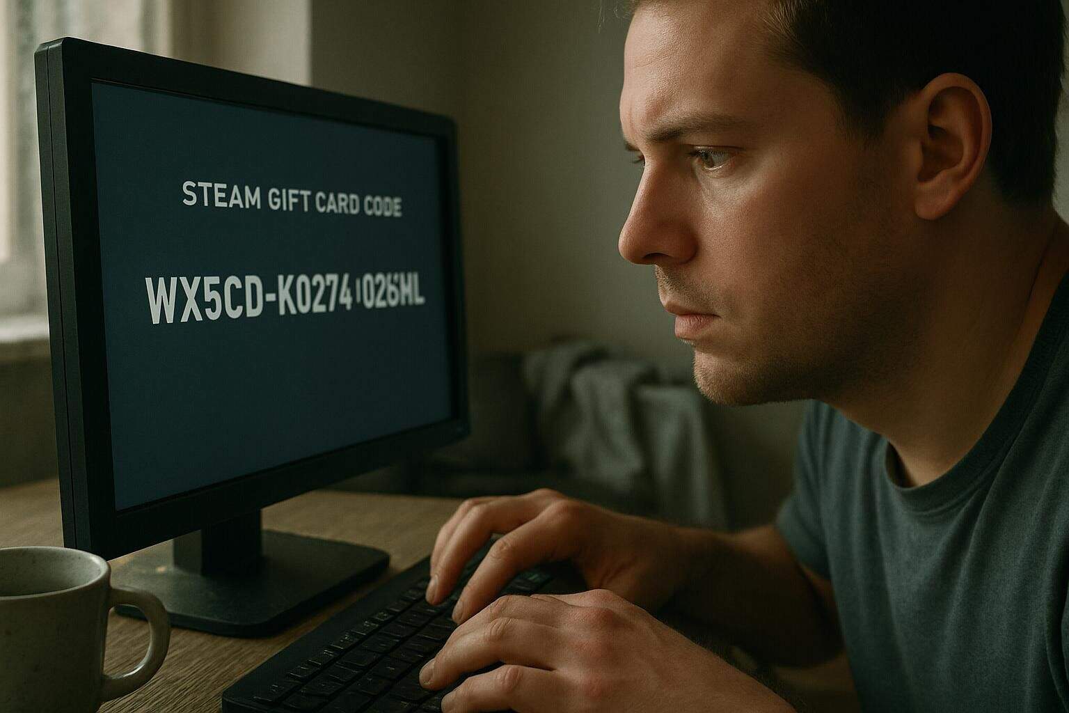 A person in their 30s enters a Steam gift card code on a computer. A person in their 30s enters a Steam gift card code on a computer.