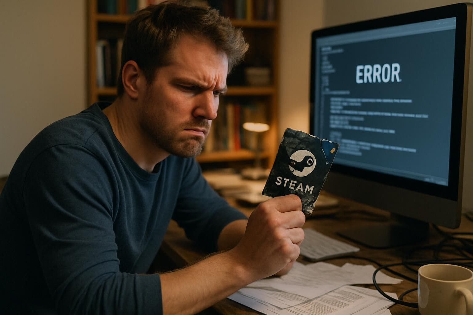 A frustrated man sits at cluttered desk, holding crumpled Steam gift card, facing computer error messages. A frustrated man sits at cluttered desk, holding crumpled Steam gift card, facing computer error messages.