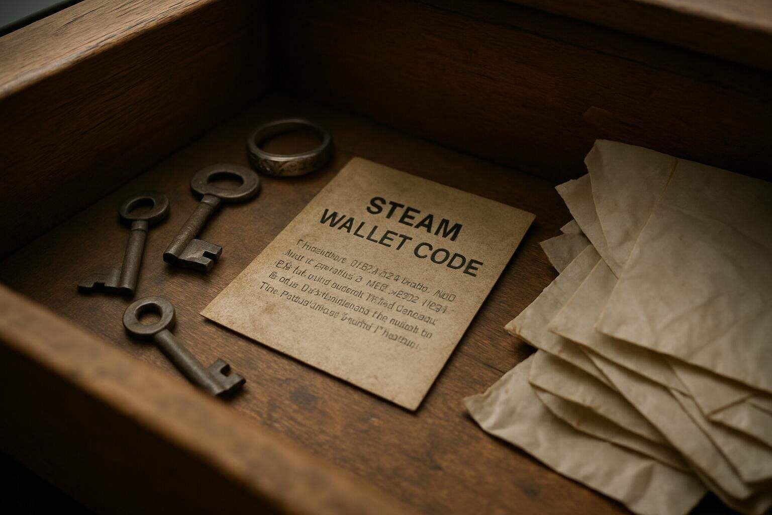 An open wooden drawer with aged trinkets and a faded Steam wallet code slip. An open wooden drawer with aged trinkets and a faded Steam wallet code slip.