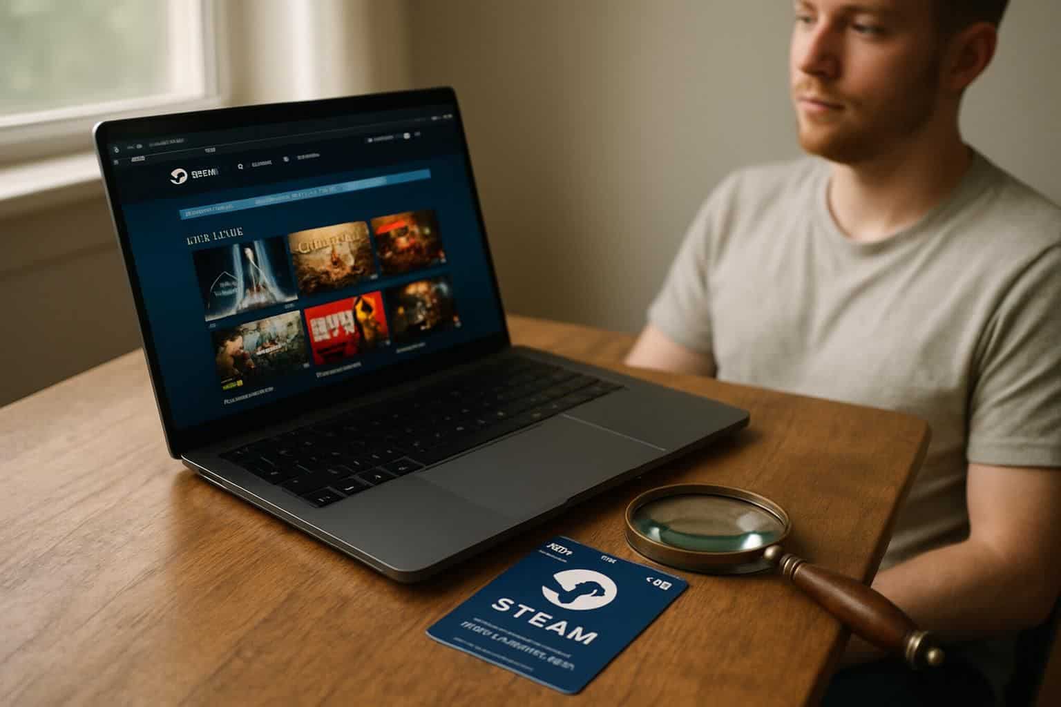 A laptop displaying the Steam website on a wooden desk with a gift card and magnifying glass. A laptop displaying the Steam website on a wooden desk with a gift card and magnifying glass.