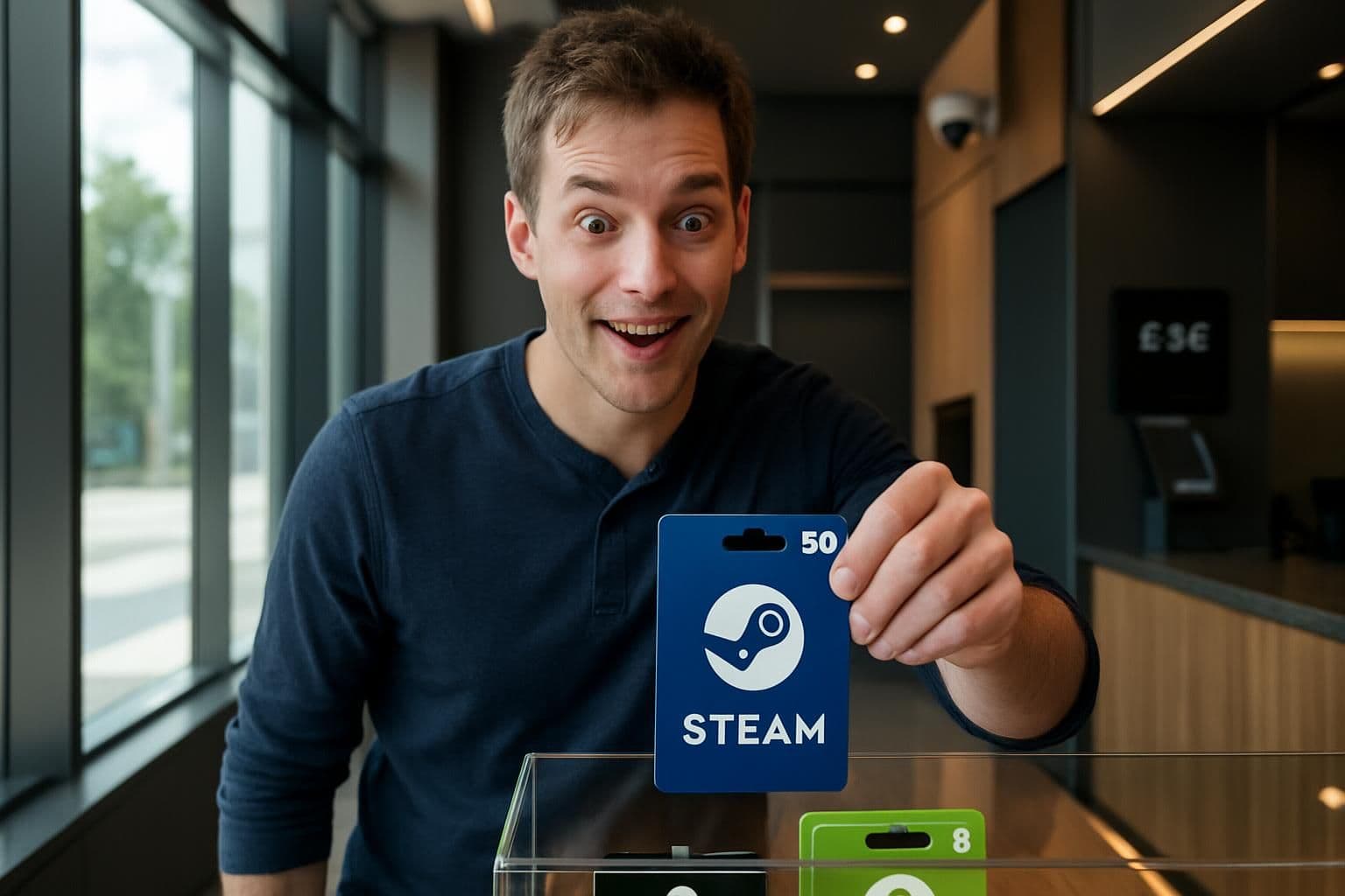 A man in a modern retail store excitedly picks up a Steam gift card. A man in a modern retail store excitedly picks up a Steam gift card.
