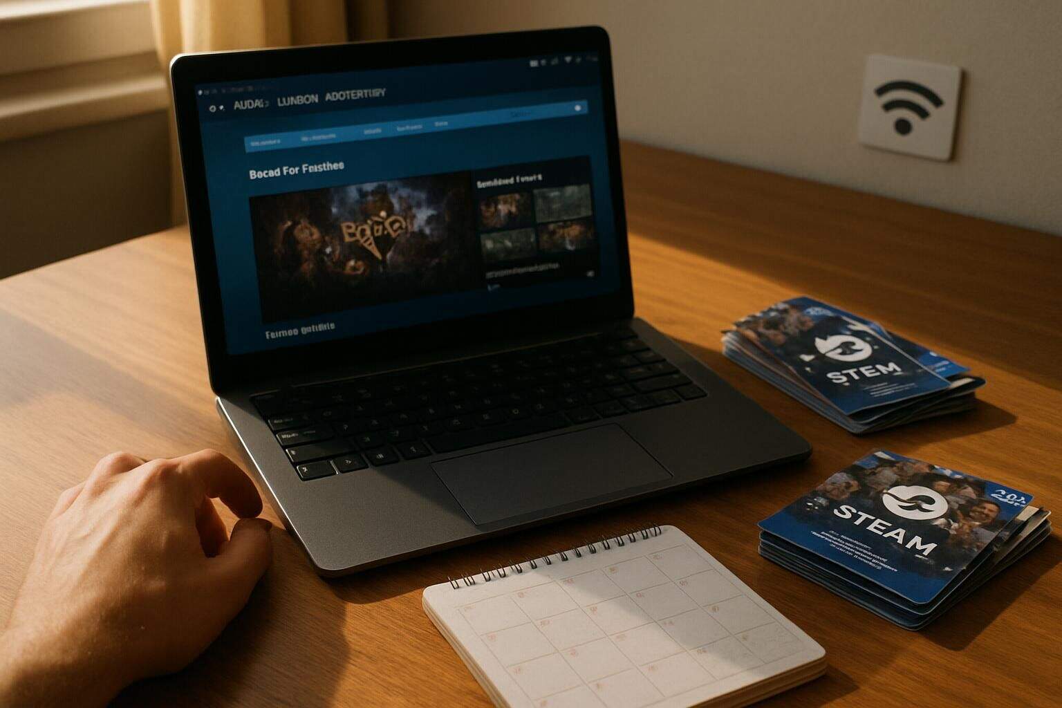 A laptop displaying the Steam platform, surrounded by stacked Steam gift cards, a desk calendar, and a WiFi sticker. A laptop displaying the Steam platform, surrounded by stacked Steam gift cards, a desk calendar, and a WiFi sticker.