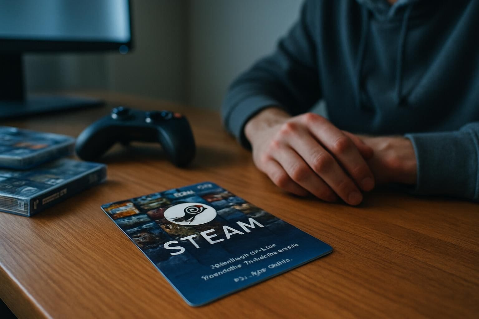 A Steam gift card and gaming setup with video game cases, controller, and hoodie. A Steam gift card and gaming setup with video game cases, controller, and hoodie.