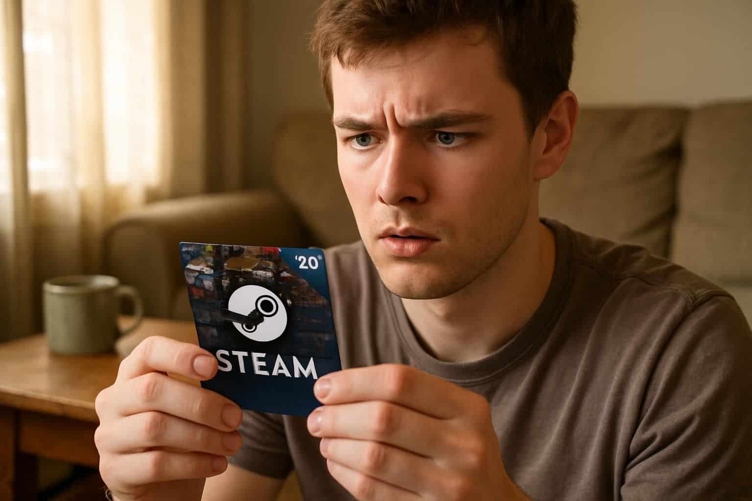 A young man in his 20s looks confused while holding a Steam gift card in a cozy living room. A young man in his 20s looks confused while holding a Steam gift card in a cozy living room.