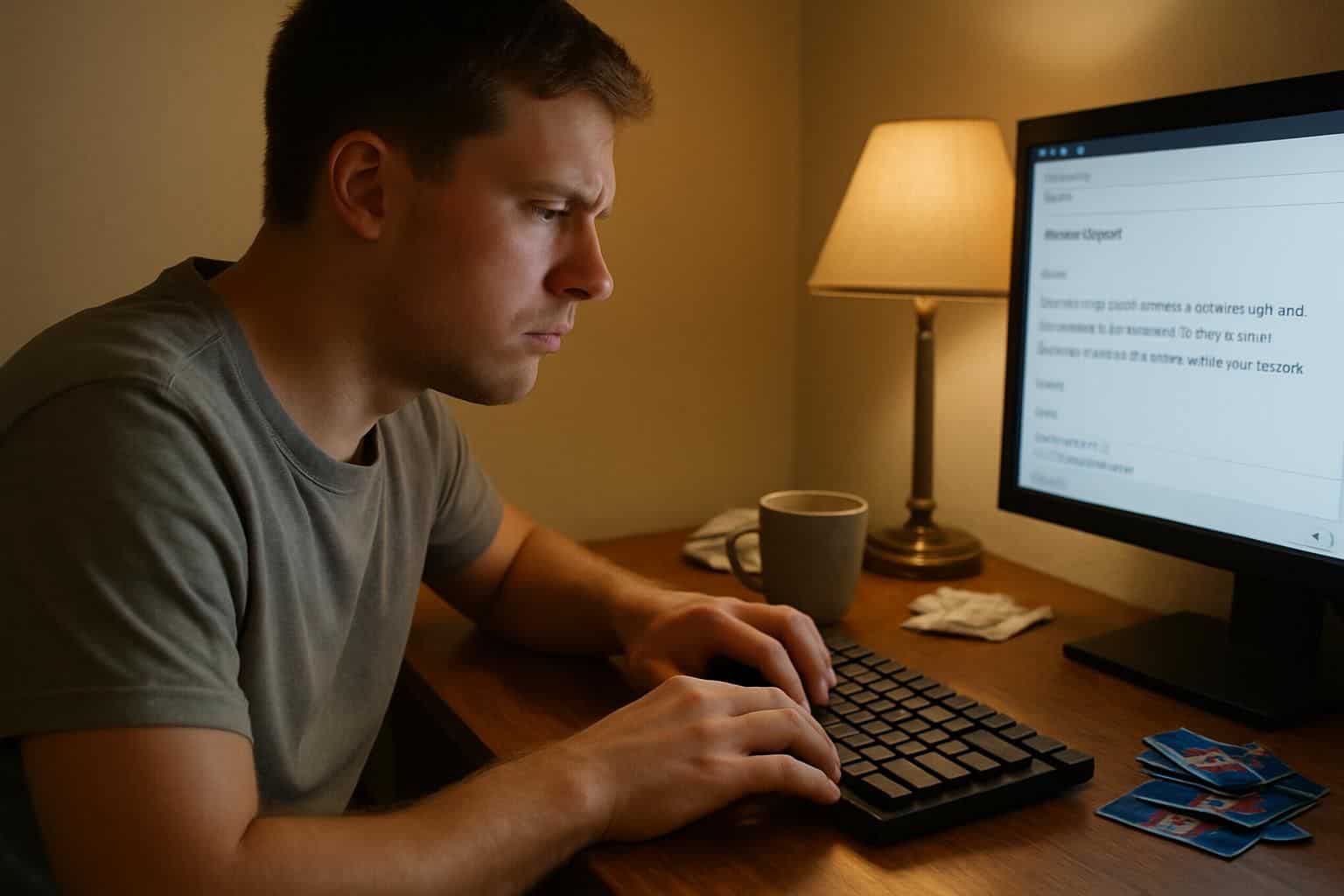 A man in his mid-20s is seated at a cluttered desk, frustrated while typing on his computer. A man in his mid-20s is seated at a cluttered desk, frustrated while typing on his computer.