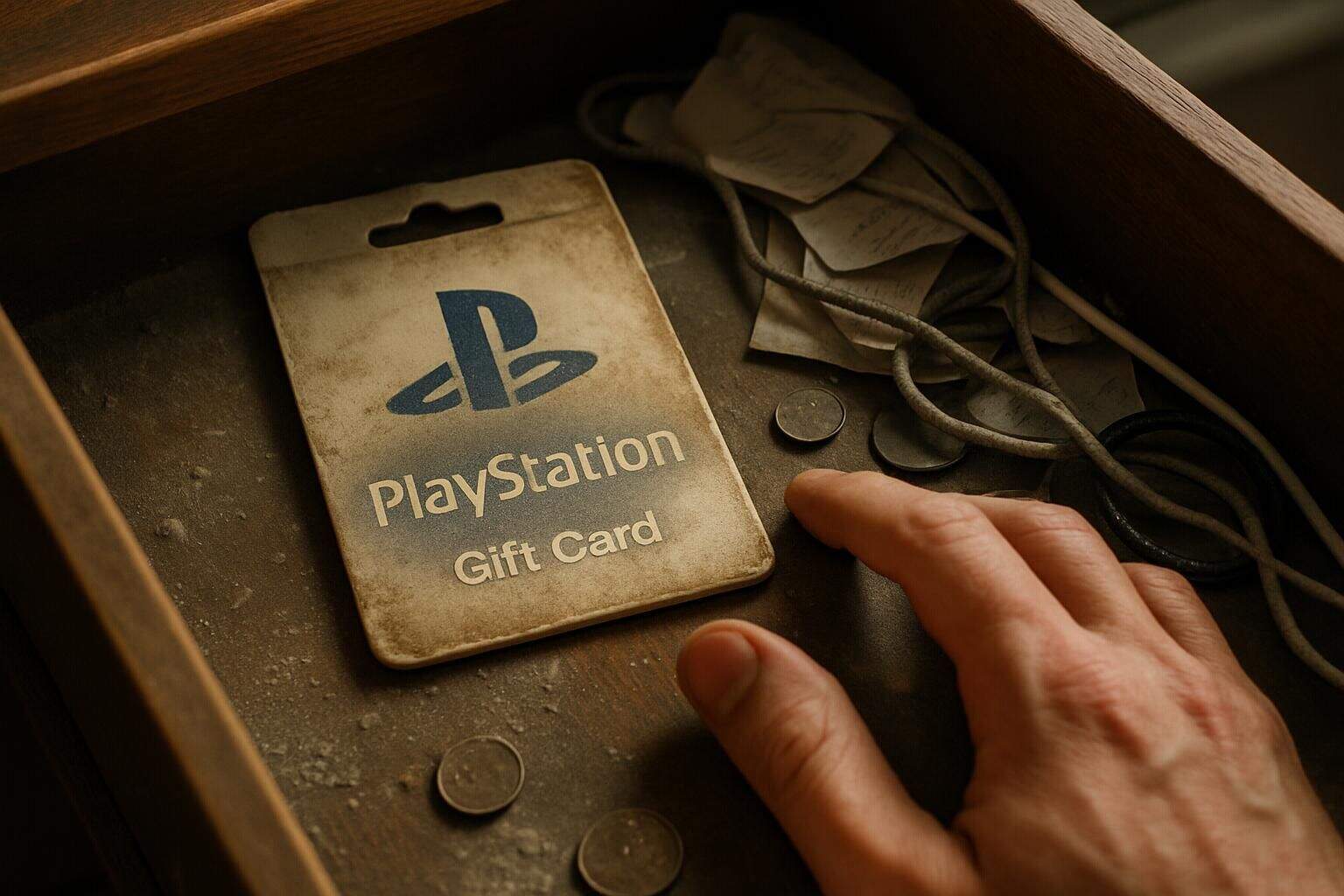 An aged PlayStation gift card lies amidst clutter in a wooden desk drawer. An aged PlayStation gift card lies amidst clutter in a wooden desk drawer.