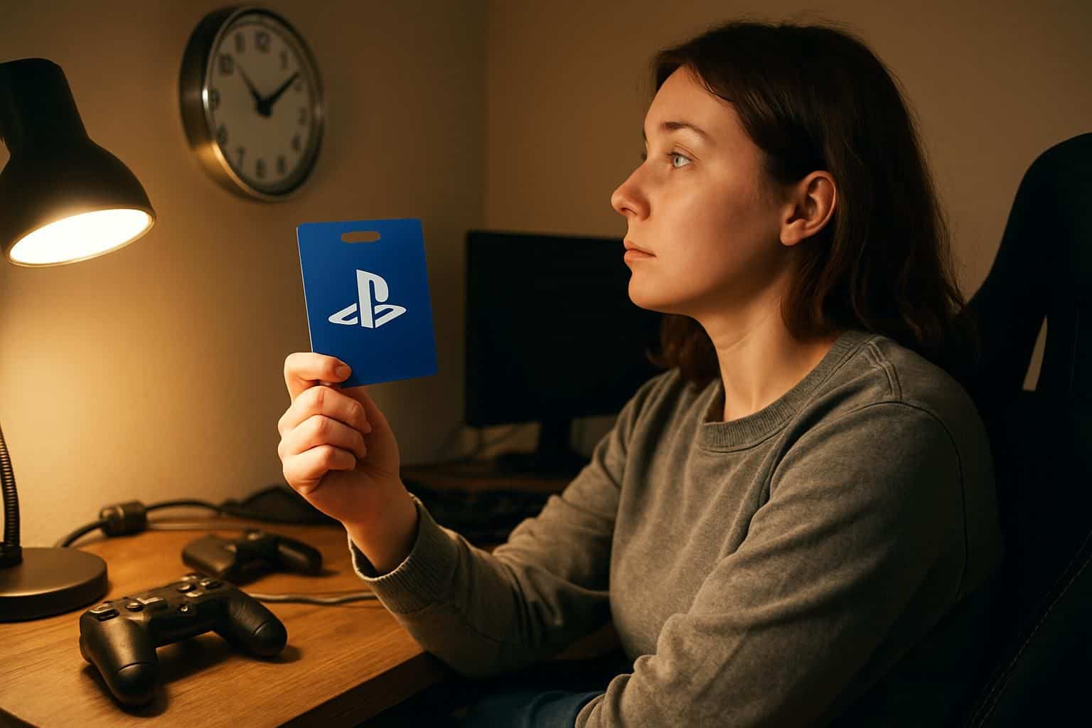 A woman in her late 20s sits at a gaming desk holding a PlayStation gift card, looking at a wall clock with gaming accessories in the background. A woman in her late 20s sits at a gaming desk holding a PlayStation gift card, looking at a wall clock with gaming accessories in the background.