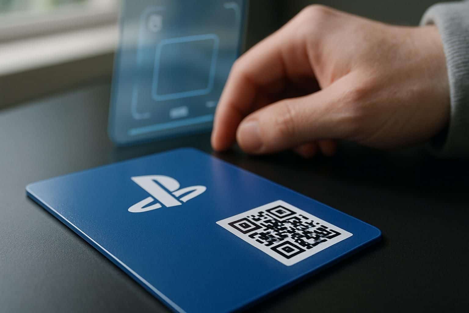 A PlayStation gift card with a scannable QR code being prepared for use. A PlayStation gift card with a scannable QR code being prepared for use.