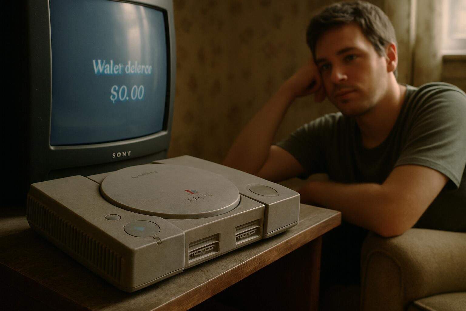 An old PlayStation console and CRT television evoke nostalgia in a vintage, dimly lit room. An old PlayStation console and CRT television evoke nostalgia in a vintage, dimly lit room.