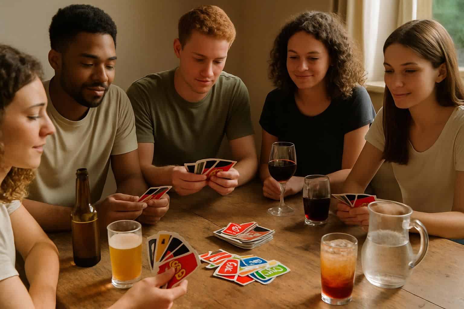 Five friends gathered around a table playing UNO with drinks and natural, relaxed expressions. Five friends gathered around a table playing UNO with drinks and natural, relaxed expressions.