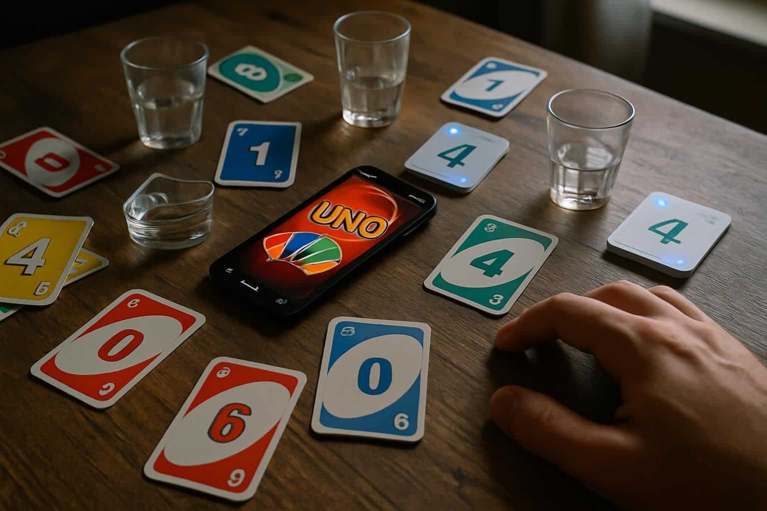 A game of UNO in progress with scattered cards, shot glasses, and a smartphone displaying a UNO app. A game of UNO in progress with scattered cards, shot glasses, and a smartphone displaying a UNO app.